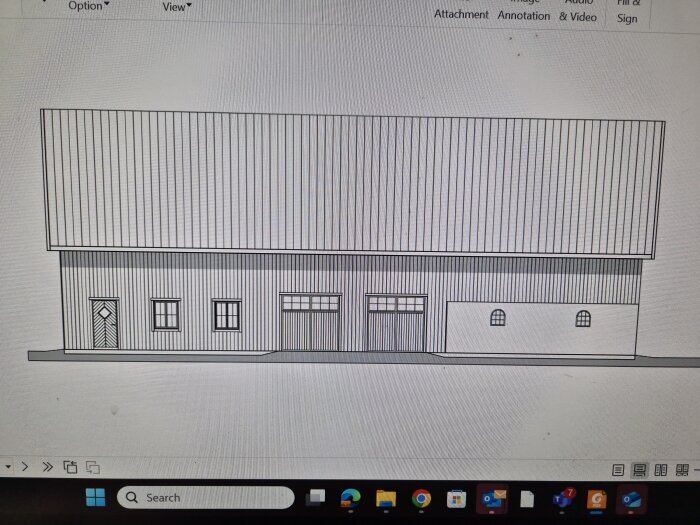 Byggnadsritning med en fasadvy av ett hus med dörr, fönster och garageportar, för projektplanering.