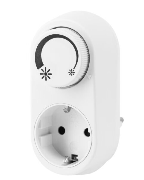 Vit dimmer för vägguttag med rund justeringsknapp.