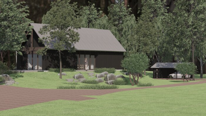 Illustration av ett fritidshus med träfasad, omgiven av träd och grönska. I bakgrunden syns en carport med en vit bil.