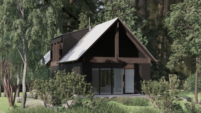 Illustration av ett fritidshus med mörkt fasad och stora fönster, omgiven av grönska och träd; planerat att byggas utanför Strängnäs.
