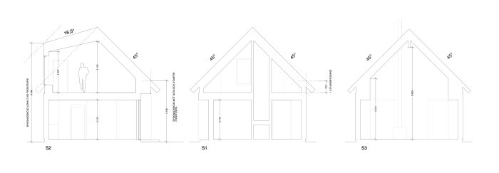 Illustration av tre husritningar med snitt genom byggnaden, inklusive mått och vinklar för ett planerat fritidshus.