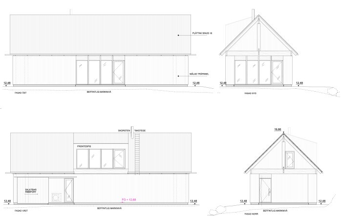 Arkitektritning av fritidshus med fyra fasader: öst, syd, väst och norr. Visar plåttak, målade träpaneler och skorstensdetaljer.