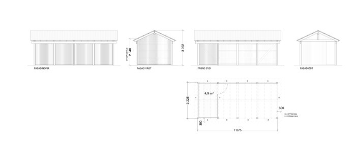 Fasad- och planritningar för ett planerat fritidshus, inklusive norra, västra, södra och östra fasader samt bottenplan med måttangivelser.