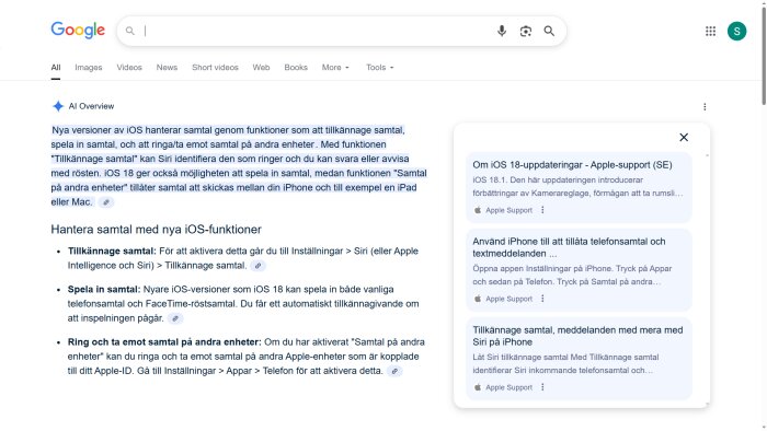 Google-sökning om iOS-funktioner som hanterar samtal, inklusive tillkännage och spela in samtal, visas med resultat från Apple-support.