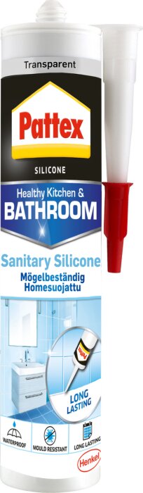 Transparent silikon för kök och badrum i en tub från Pattex, mögelbeständig och långvarig.