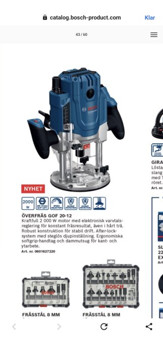 Överfräs modell Överfräs GOF 20-12 från Bosch, 2000W med elektronisk varvtalsreglering, softgrip handtag, och dammutsug, samt frässtålset.