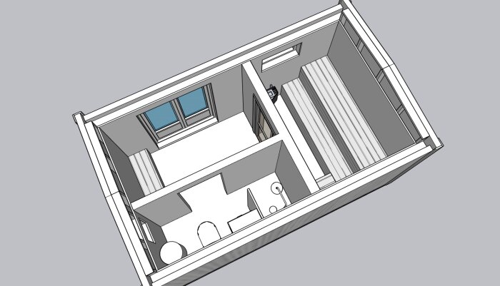 3D-modell av en byggnad med två rum, ett med fönster och ett med badrumsinredning.