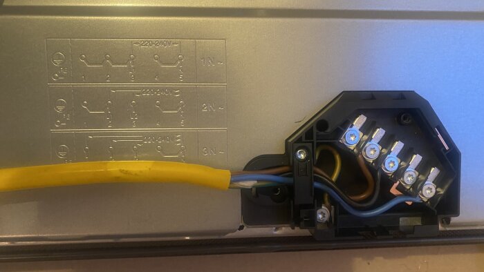 Elektrisk anslutningsplint med flera fästa kablar, inklusive en gul kabel, mot en metallisk bakgrund med diagram.