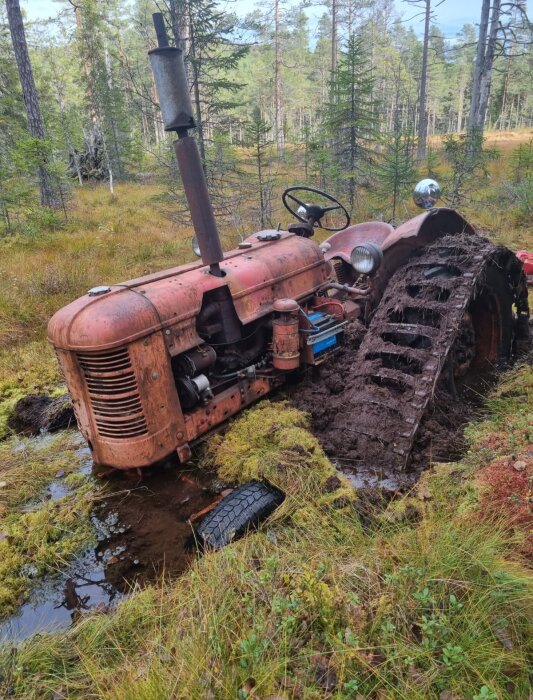 En gammal traktor fastnat i lerig terräng i en skog.