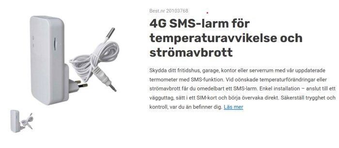 4G SMS-larm med sensor och sladd för temperaturövervakning vid strömavbrott. Enkel installation för smarta hem-lösningar.