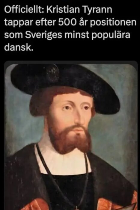 Målning av en man i historisk dräkt med hatt, skägg och renässanskläder. Text över målningen skojar om hans popularitet i Sverige.
