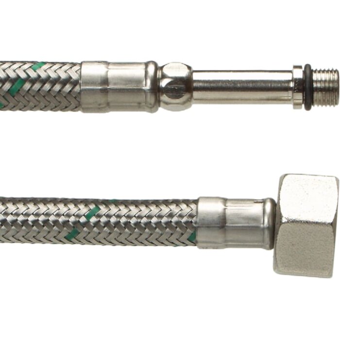 Flexibel metallomspunnen slang med gängor, används i VVS-installationer.