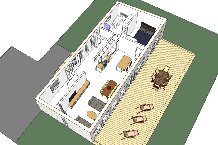 3D-ritning av 90m2 fritidshus med öppen planlösning, kök, vardagsrum, badrum, sovrum och stor altan med möblering.