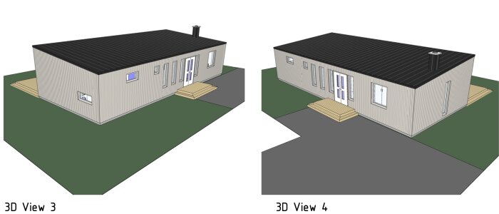 3D-modell av ett fritidshus på 90m2 med pulpettak och träterrass, visad från två vinklar.
