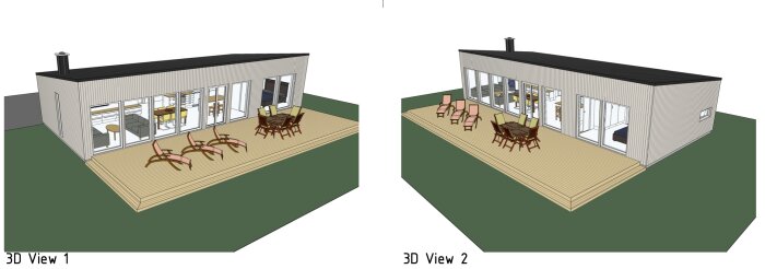 3D-rendering av ett fritidshus på 90m2 med stor altan, skjutpartier som alternativ till fasta fönster, sett från två olika vinklar.