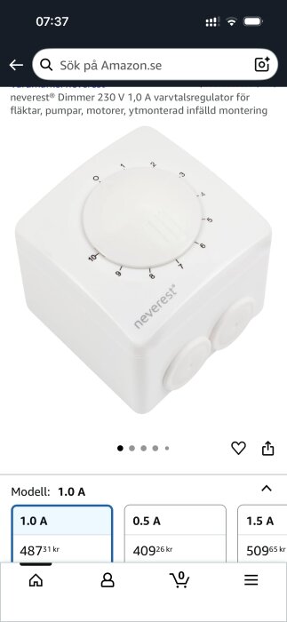 Vit varvtalsregulator från Neverest med vred, visad på en digital butikssida för fläktar och motorer.