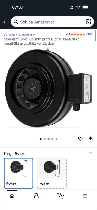 Svart kanalfläkt med varvtalsregulator från neverest, modell RV-B 125 mm, visas på en skärmdump av Amazon.