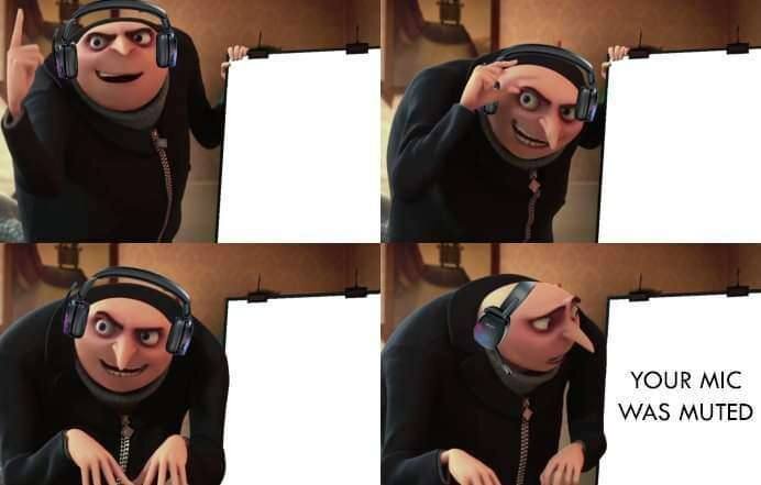Tecknad karaktär visar fyra bildrutor med en plan på en tavla, avslutande med texten "YOUR MIC WAS MUTED", vilket indikerar en misslyckad presentation.