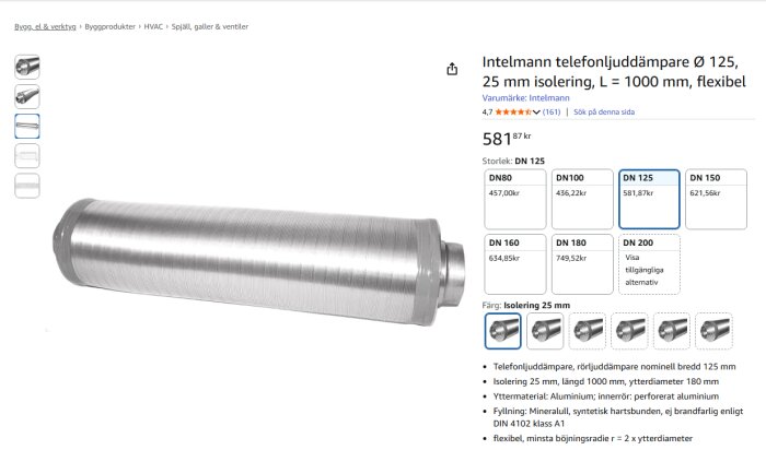 Ljuddämpare i metall, modell Intelmann, med specifikationer för ljudisolering, längd 1000 mm, bredd 125 mm, synlig på produktbild.