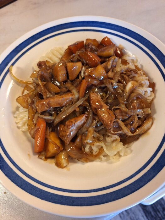 Wok med nudlar, fläskytterfilé, morot, lök, vitkål och palsternacka i ostronsås med peppar, serverad på en tallrik med blå kant.