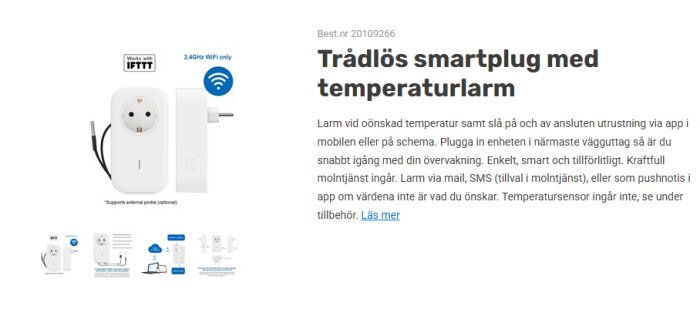 Trådlös smartplug med temperaturlarm, vit, visar anslutning till vägguttag. Används för övervakning av temperatur och integreras med app och IFTTT.