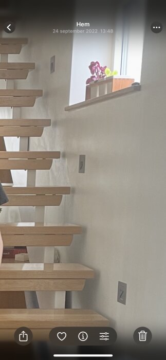 Trätrappa inomhus vid en vit vägg med fönster och krukväxt ovanför.