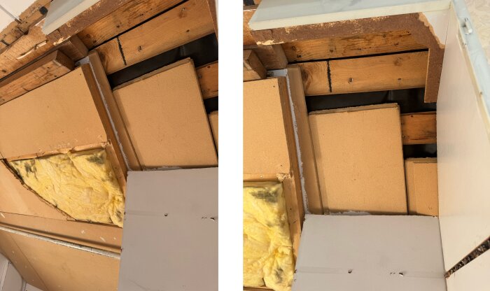 Halvriven garderob med innertak av spånskivor, isolering och träregelverk synligt. Del av renoveringsprojekt från ett 60-talshus.