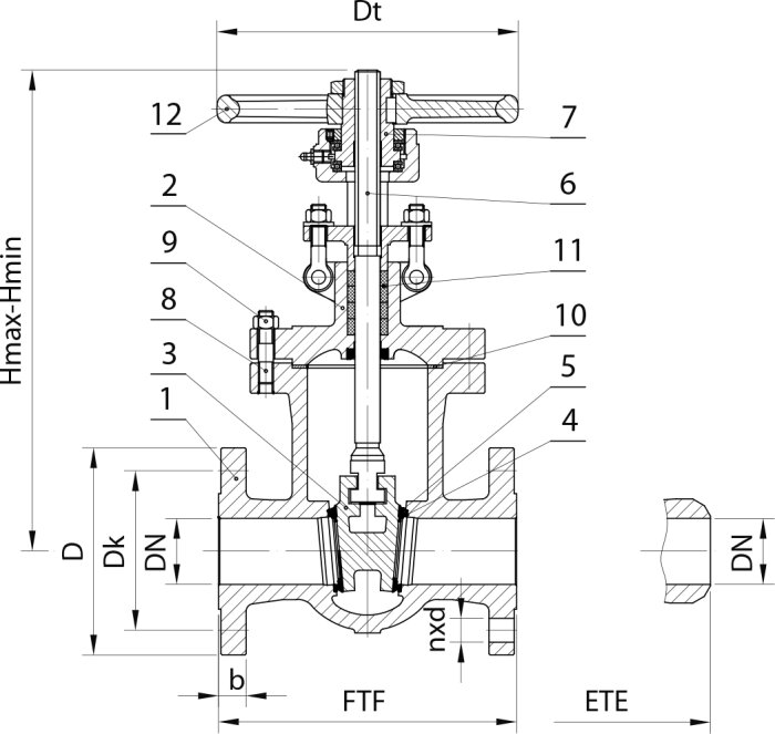 Teknisk ritning av en kilventil/skjutventil med markerade delar och mått. Ventilens inre struktur visas i genomskärning.