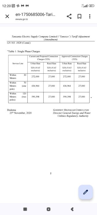 Tabell som visar anslutningsavgifter i TZS för enfas, stad och landsbygd, beroende på avstånd i meter: 30, 70, 120. Från Tanesco 2020.