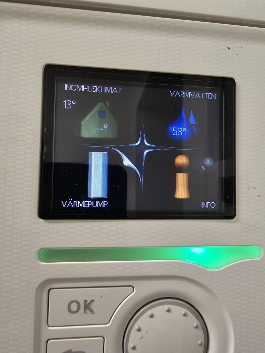 Display på en värmepanna visar inomhusklimat på 13 grader och varmvatten på 53 grader, med kontroll för varmepump.