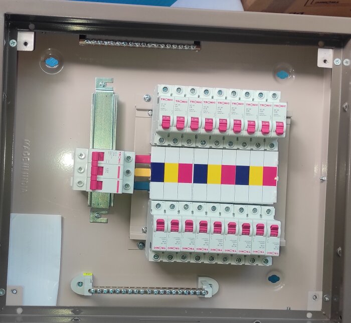 Elcentral med flera säkringar och färgmarkerade kopplingsdelar för installation av trefasström.
