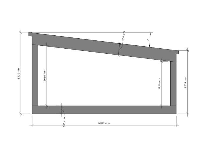 Skiss av takkonstruktion med specifikationer, inklusive 500 mm taktjocklek och mått på olika delar av konstruktionen.
