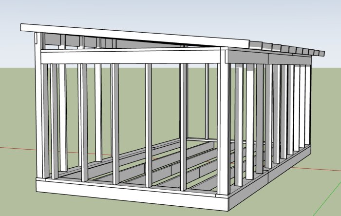 3D-modell av en ramkonstruktion för ett attefallshus med fokusering på gavelväggar utan diagonalstöd.