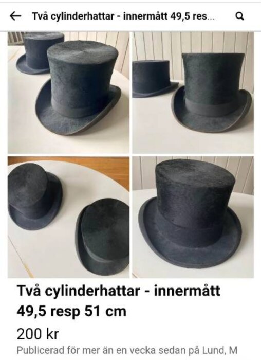 Två svarta cylinderhattar med olika innermått på ett bord, säljes för 200 kr på nätannons.