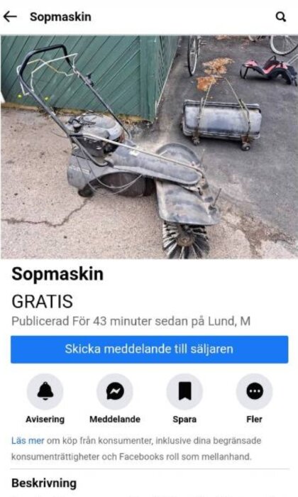 Gratis sopmaskin visas på en onlineannons, med meddelandealternativ och detaljerad information.