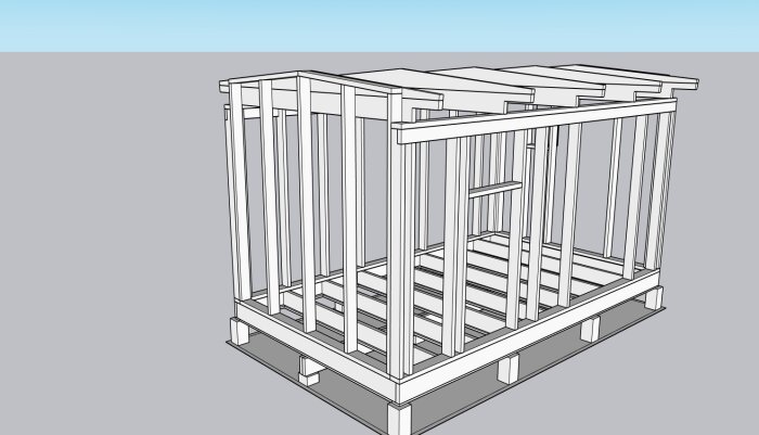 Byggmodell av ramverk med korta bjälkar för stabilitet.