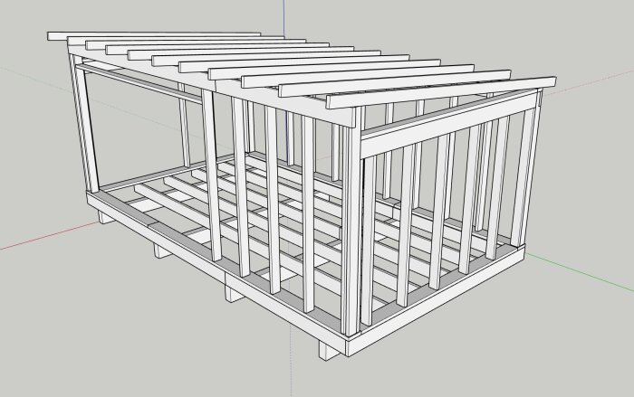 Byggnadssketch av en struktur med balkar och ram, där fyra limträbalkar är planerade att läggas under golvet för extra stabilitet.