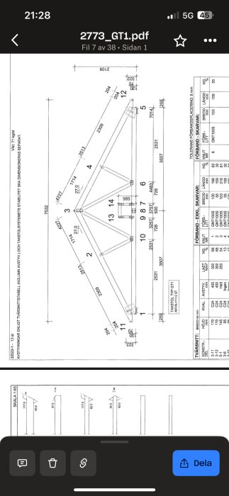Ritning av en takstol med exakta mått och noteringar, inklusive material och specifikationer, använd i ett byggprojekt.