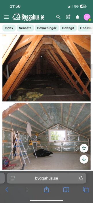 Två bilder av en vind, före och efter renovering. Före: mörkt med synliga träbalkar och isolering. Efter: ljusare, isolerad vind med fönster och verktyg.