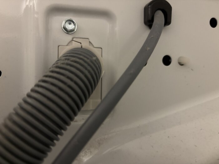 Anslutningar till tvättmaskin med avloppsslang och elsladd monterade på maskinens baksida, synliga skruvar och kopplingar.