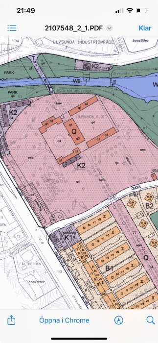 Detaljplanekarta över Ulvsunda industriområde med markering för park och parkeringsplats.