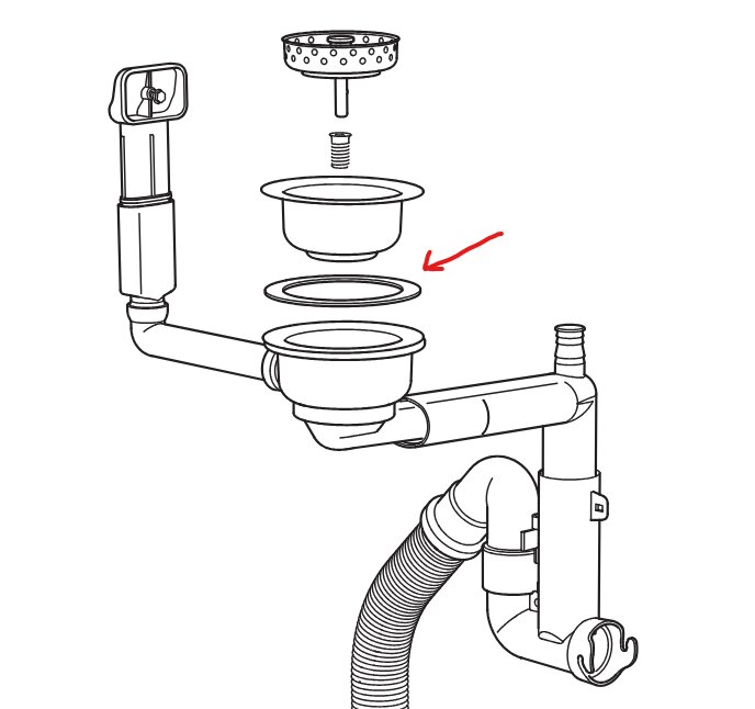 Sprängskiss av diskbänkens avloppssystem med fokus på tätningen som pekas ut med en röd pil för korrekt placering.