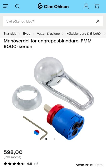 Manöverdel för engreppsblandare från FMM 9000-serien, med handtag, patron och tillbehör. Formad i metall och plast, pris 598,00 kr.