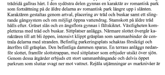 Textutdrag från planbeskrivning om parkutveckling, inkluderar information om grässlagsning, träds placering och parkeringsplatsens omstrukturering.