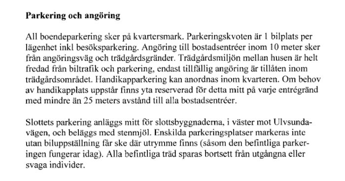 Text om parkering och angöring för ett slott, beskriver boendeparkering, besöksparkering, trädsituation och handikapparkering nära entréer.