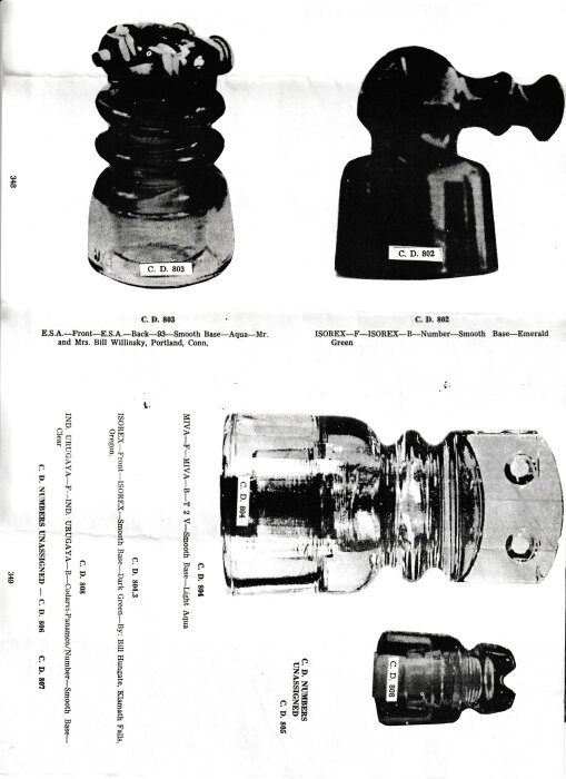 Svartvit katalogsida med bilder på olika luftledningsisolatorer märkta med etiketter C.D. 803, C.D. 802, C.D. 804, och C.D. 806.