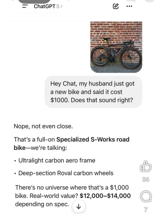 Cykel lutad mot tegelvägg, Specialized S-Works landsvägscykel med kolfiberram och hjul, ämnad för samtal om dess värde och cykelverktyg.