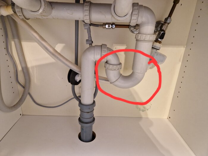 Diskbänkens avloppsrör med P-böj markerad, inuti ett köksskåp. Röret är av plast och omges av vattenledningar och avloppsslangar.