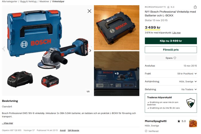 Bosch Professional GWS 18V-8 vinkelslip med batterier, laddare och L-BOXX. Visar verktyg, batterier och förvaringslåda.