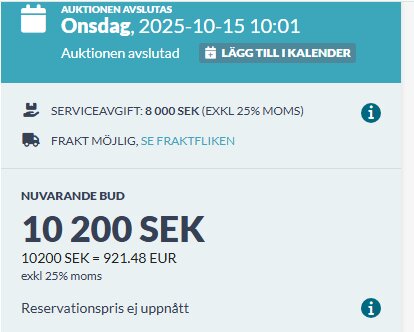 Auktionsavslut med bud på 10 200 SEK, reservationspris ej uppnått.
